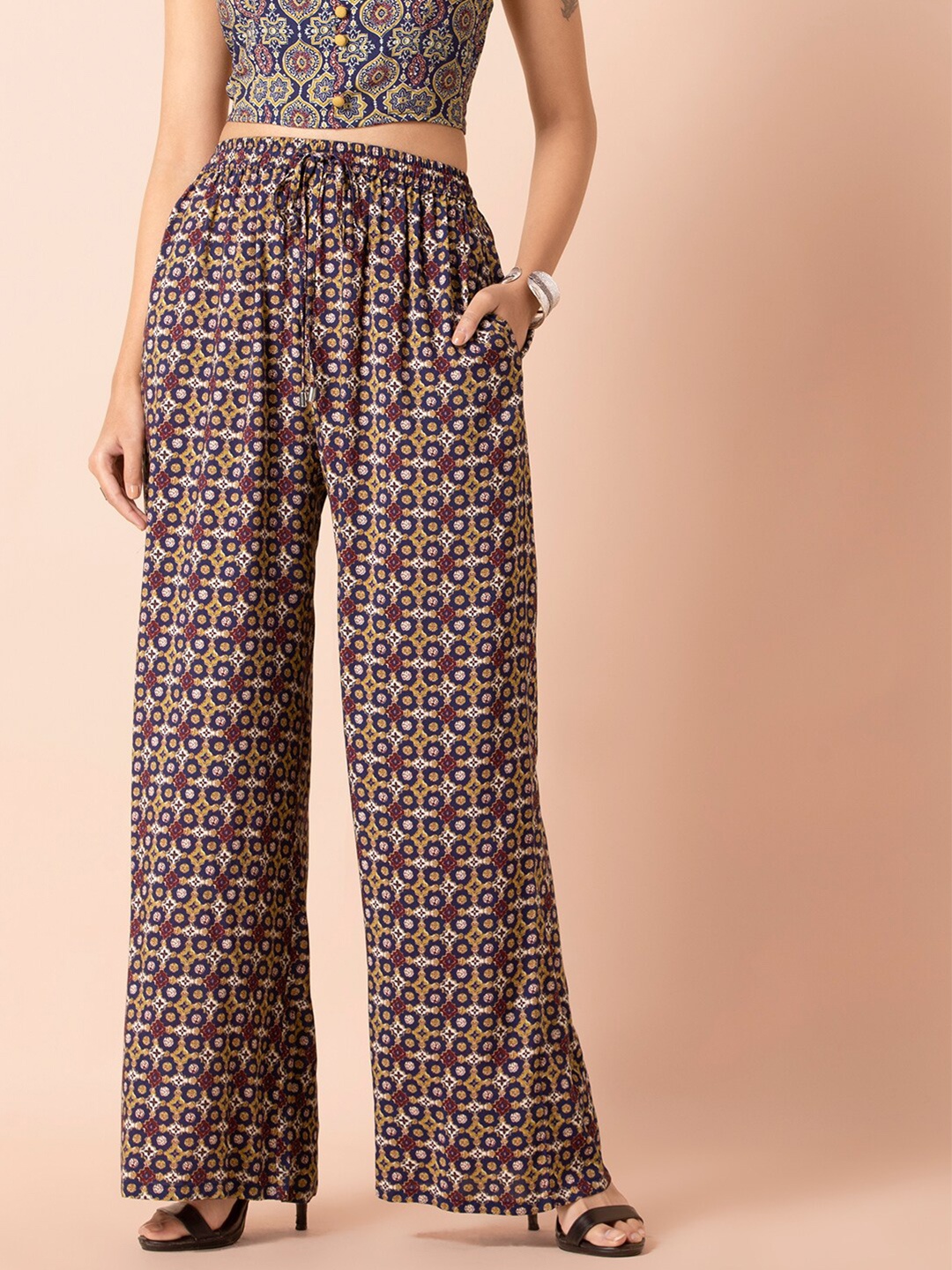 

INDYA Women Blue Geo Printed Straight Palazzo Pants