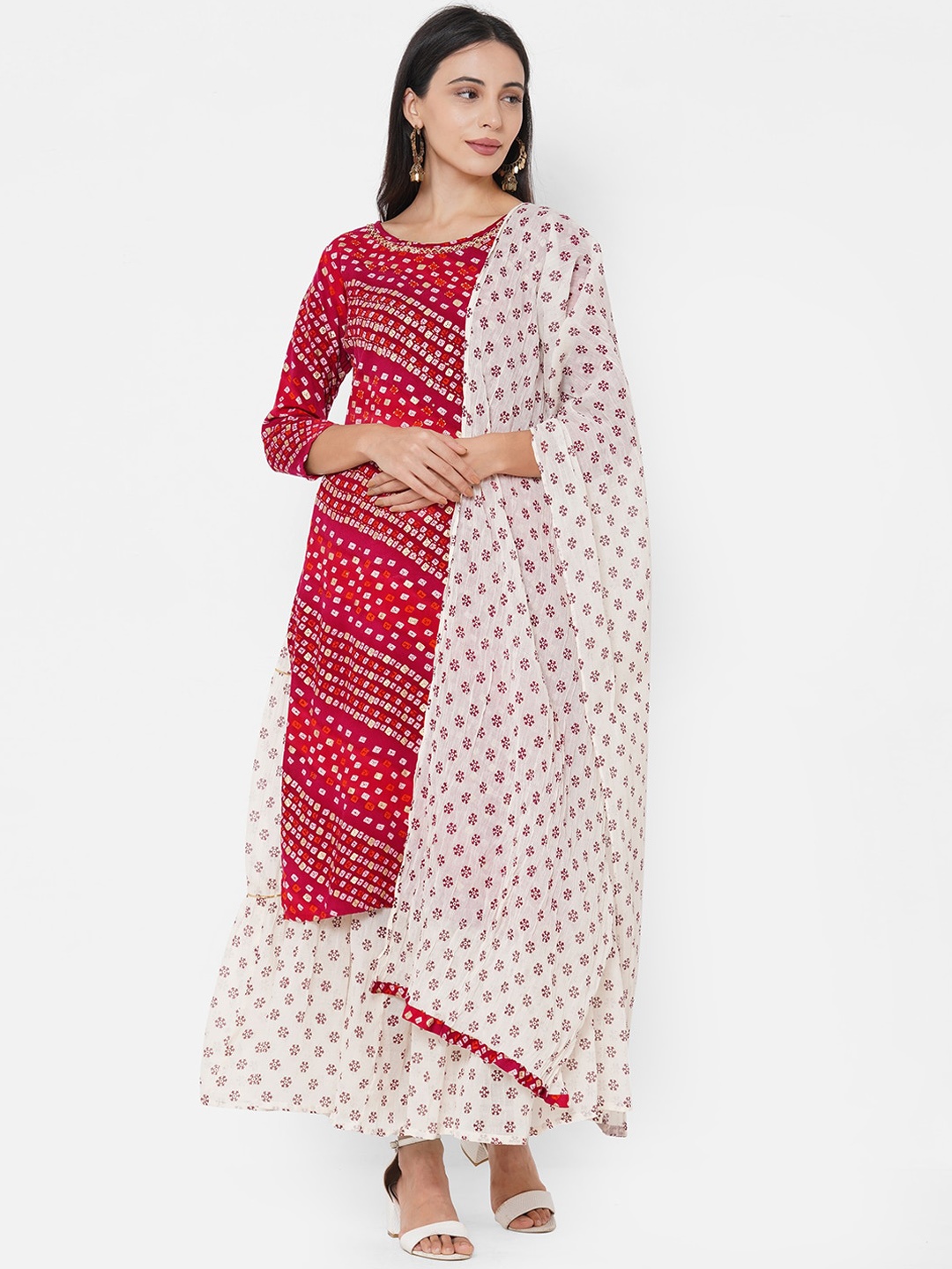 

FASHOR Women Pink Ethnic Motifs Printed Thread Work Kurta with Palazzos & Dupatta