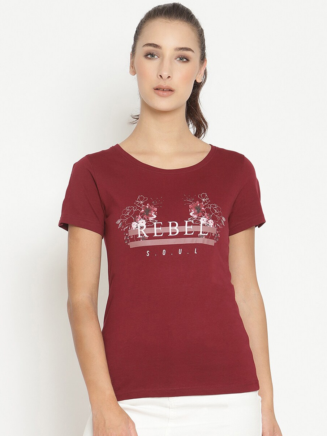 

METTLE Women Maroon Typography Printed T-shirt