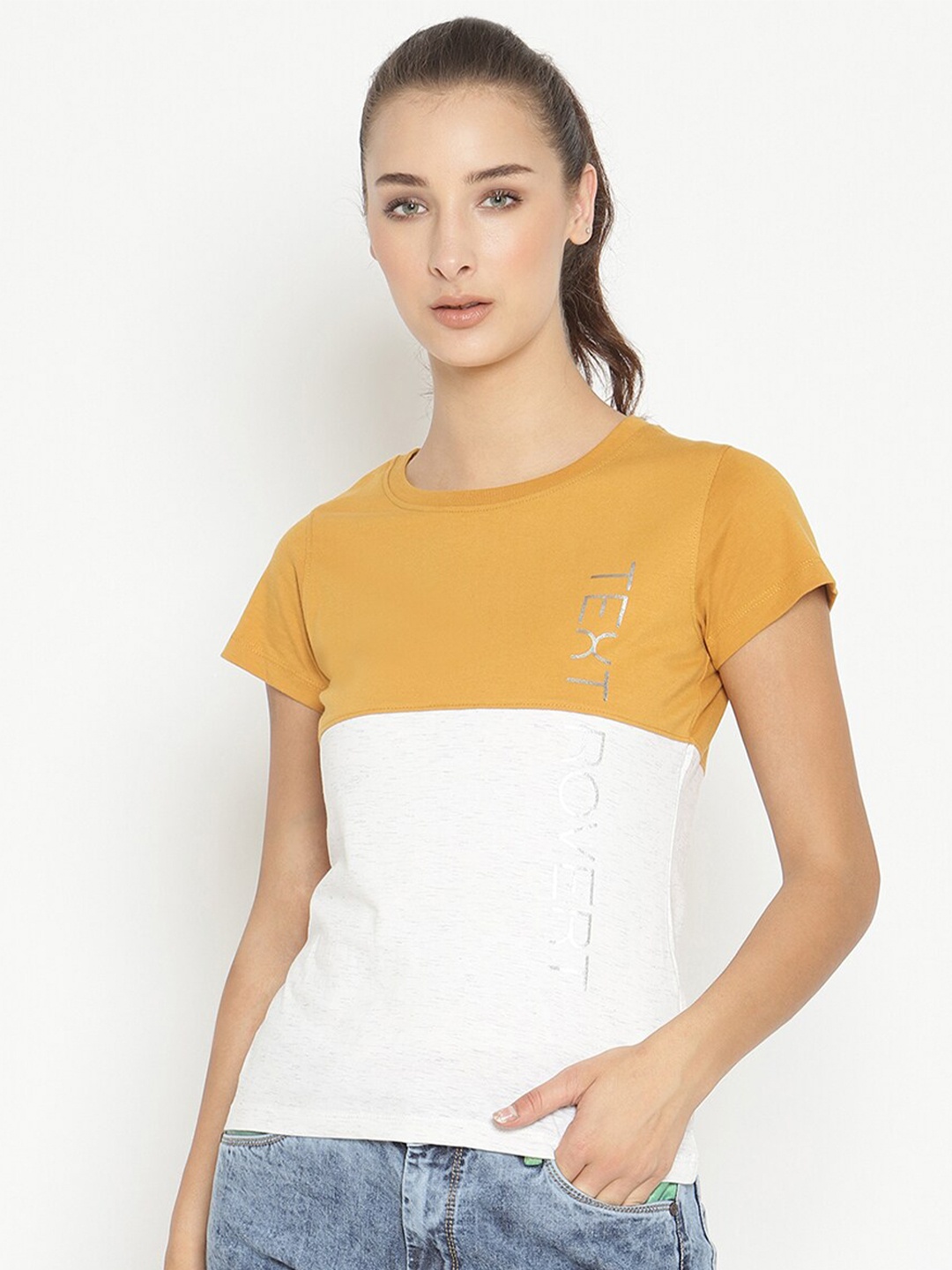 

METTLE Women Yellow & White Colourblocked T-shirt