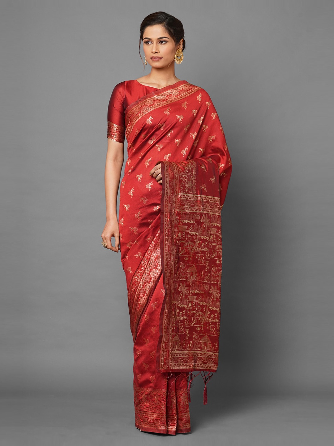 

Mitera Red & Beige Warli Zari Silk Blend Banarasi Saree