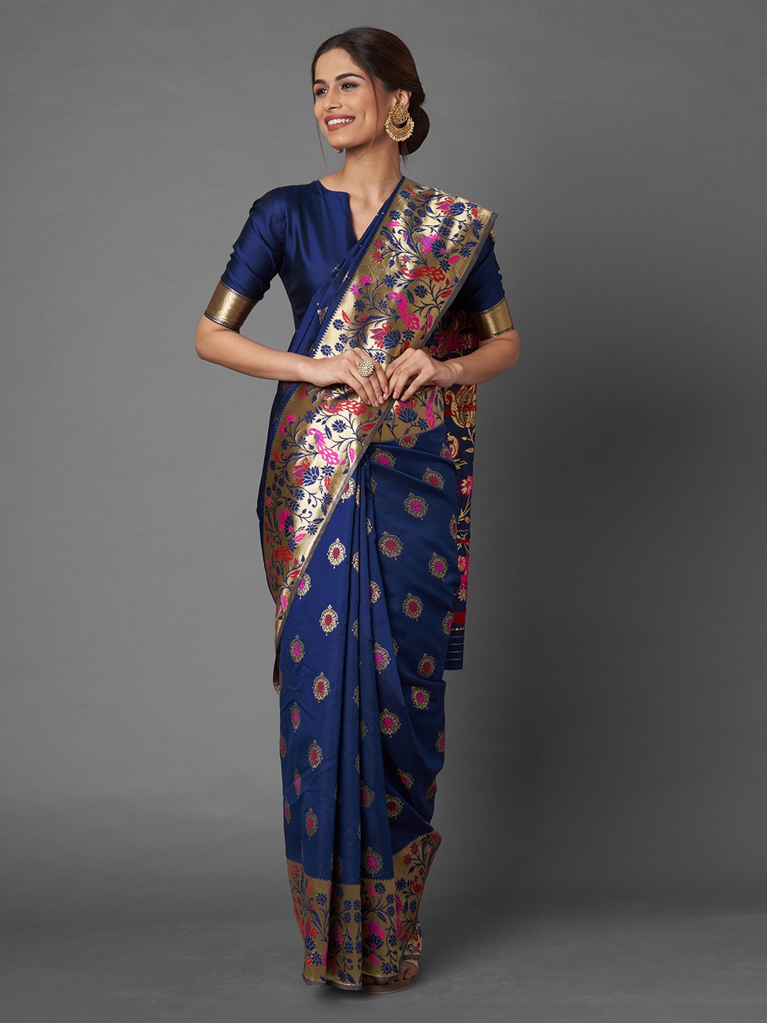 

Mitera Navy Blue Floral Zari Silk Blend Banarasi Saree