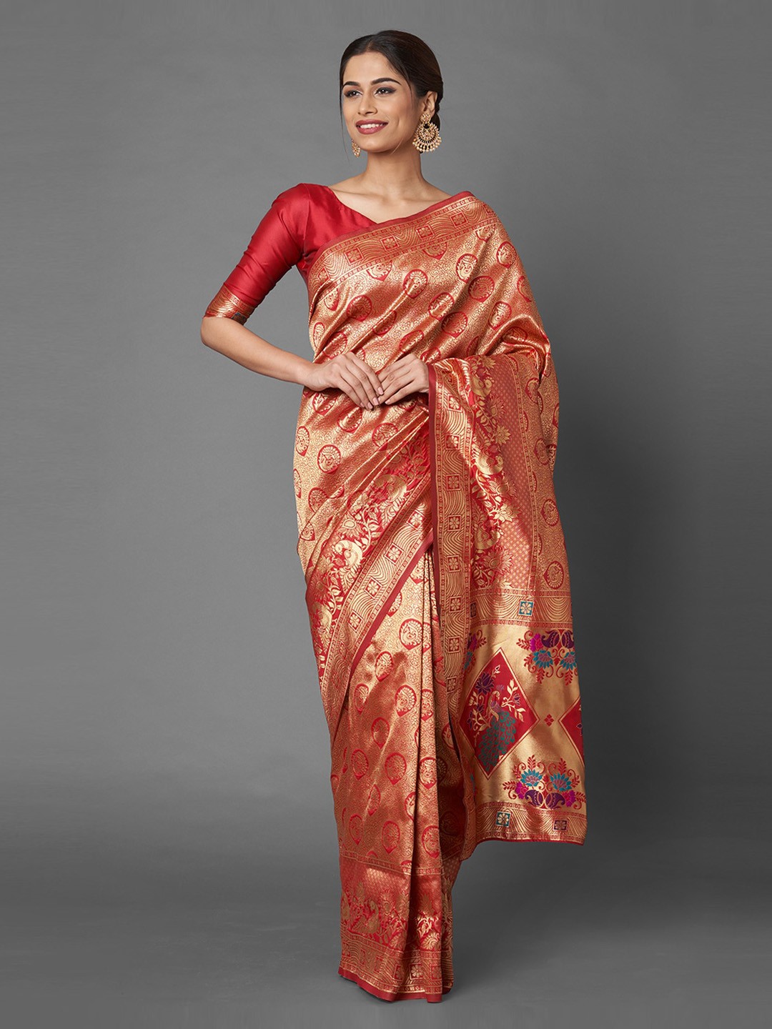 

Mitera Red Ethnic Motifs Zari Silk Blend Banarasi Saree