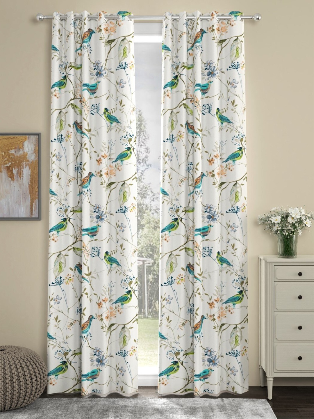 

URBAN SPACE Off-White & Green Set of 2 Door Curtains