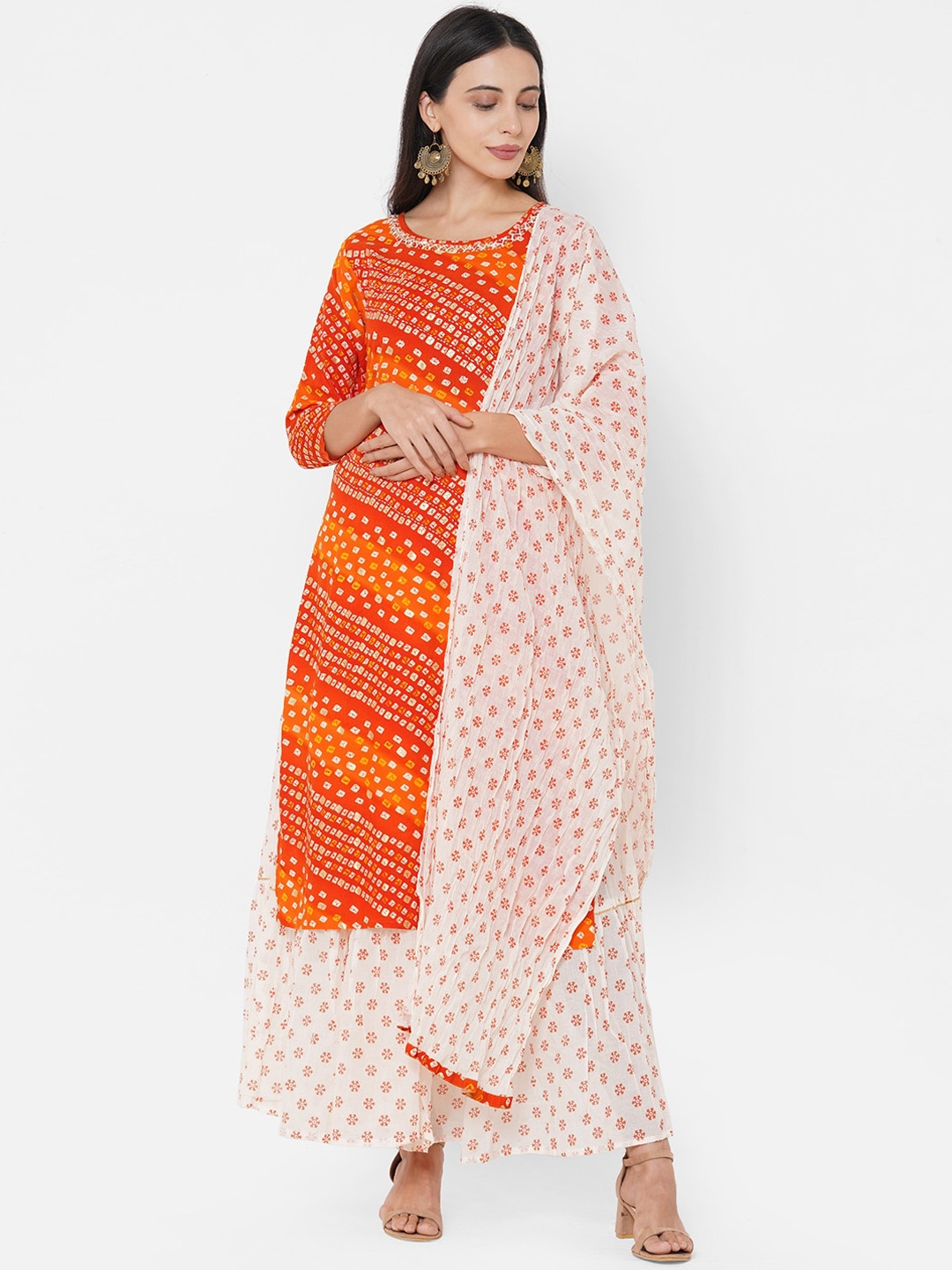 

FASHOR Women Orange Bandhani Printed Kurta with Palazzos & With Dupatta