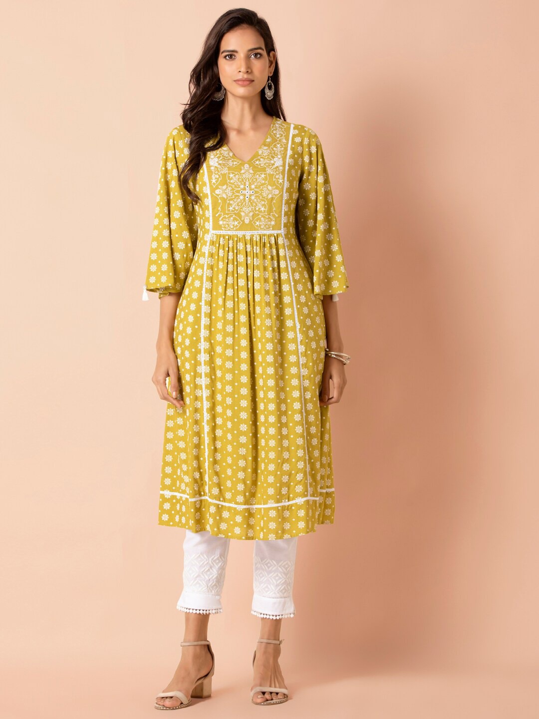 

INDYA Lime Green & White Embroidered Yoke Flared Sleeve A-Line Kurta