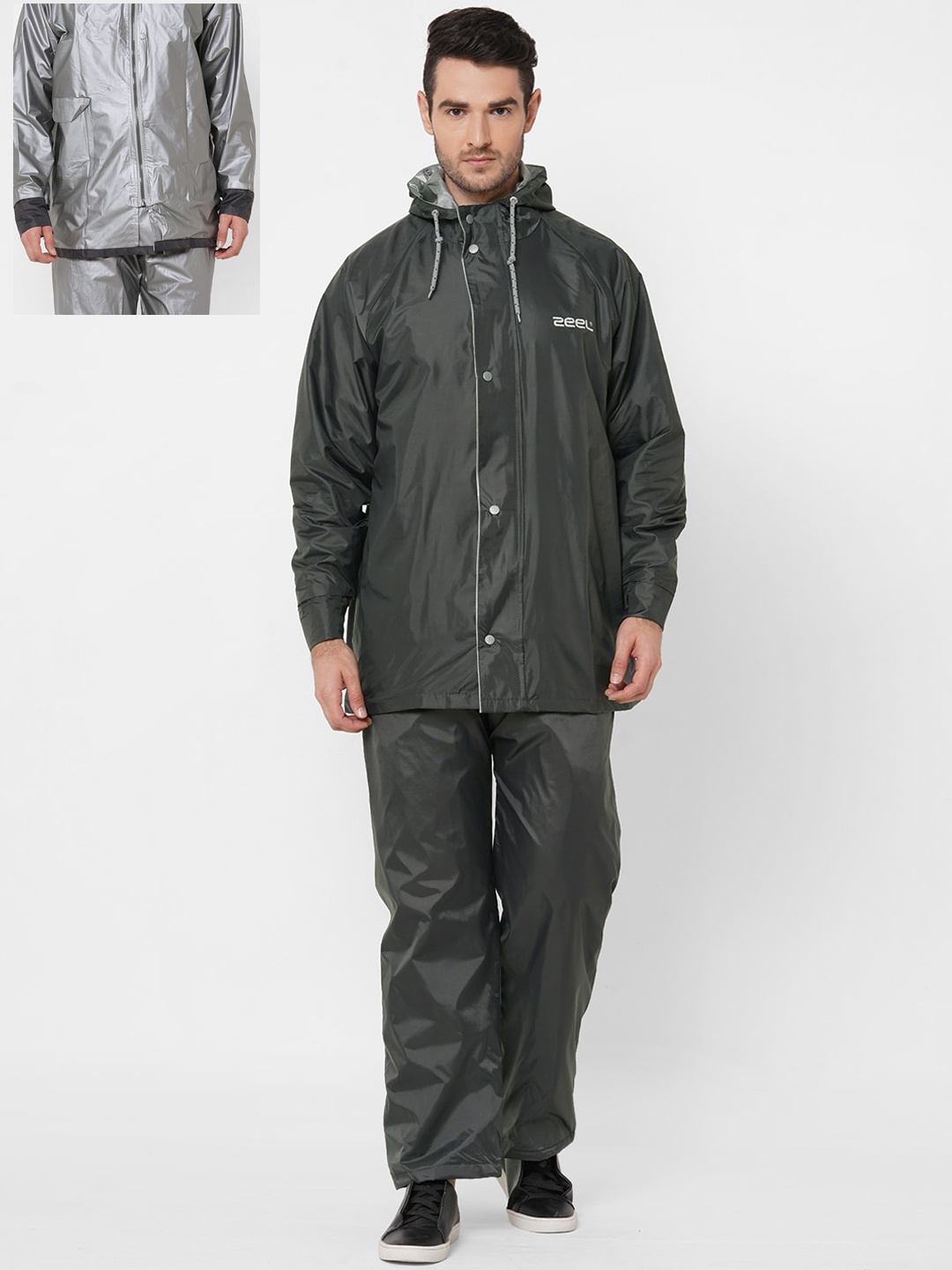 

Zeel Men Grey Solid Reversible Waterproof Hooded Rain Suit