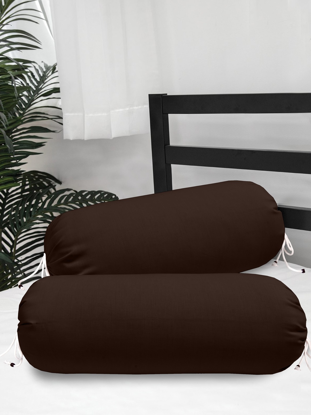 

Clasiko Set Of 2 Brown Solid Cotton 300 TC Bolster Covers