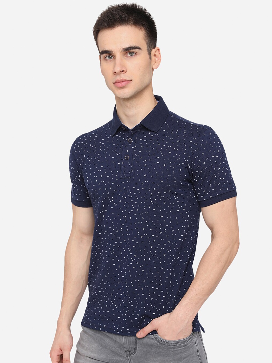 

JADE BLUE Men Navy Blue Printed Polo Collar Slim Fit Cotton T-shirt
