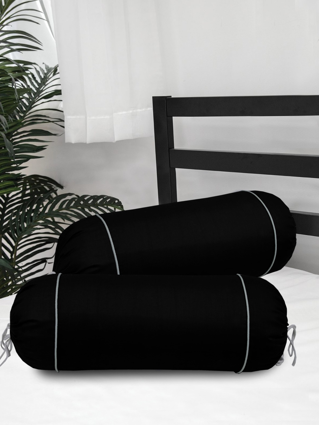 Clasiko Set Of 2 Black Solid Cotton 300 TC Bolster Covers