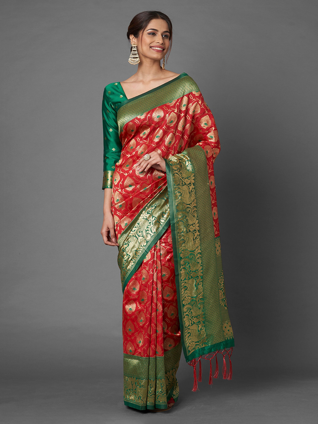 

Mitera Red Ethnic Motifs Zari Silk Blend Banarasi Saree
