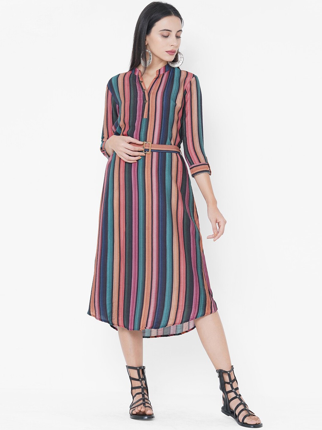 

FASHOR Multicoloured Striped A-Line Dress, Multi
