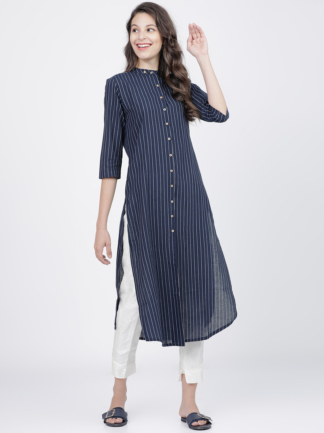

Vishudh Women Navy Blue & White Striped Indigo Kurta