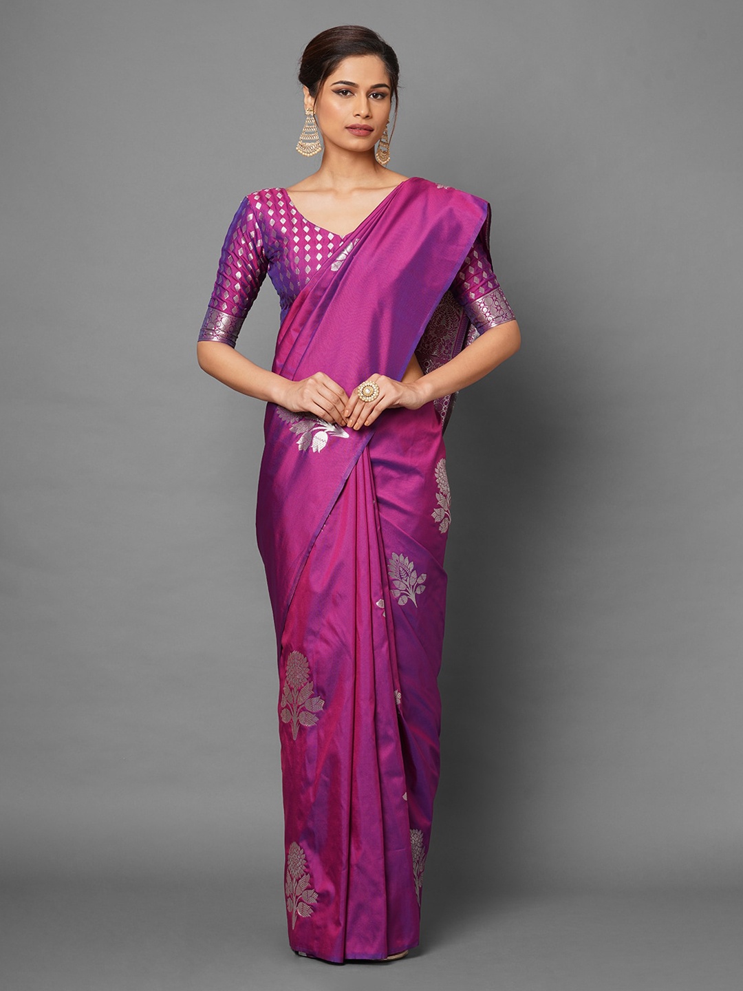 

Mitera Magenta Floral Silk Blend Banarasi Saree