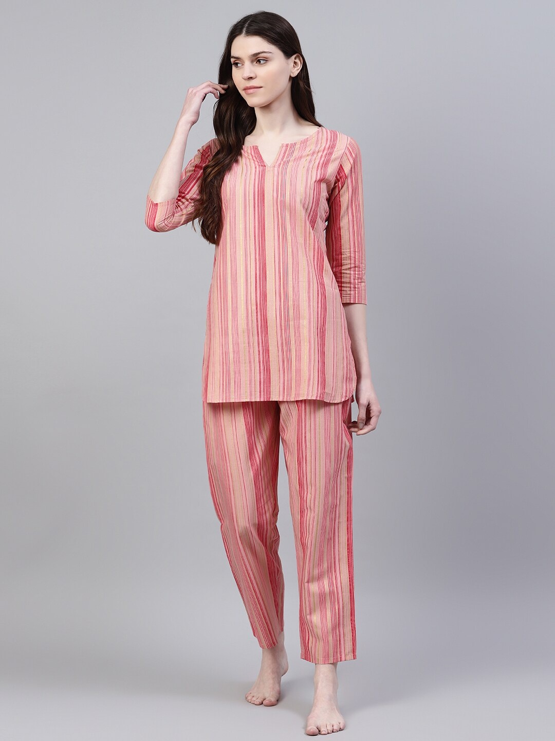 

Stylum Women Pink & Red Striped Night suit