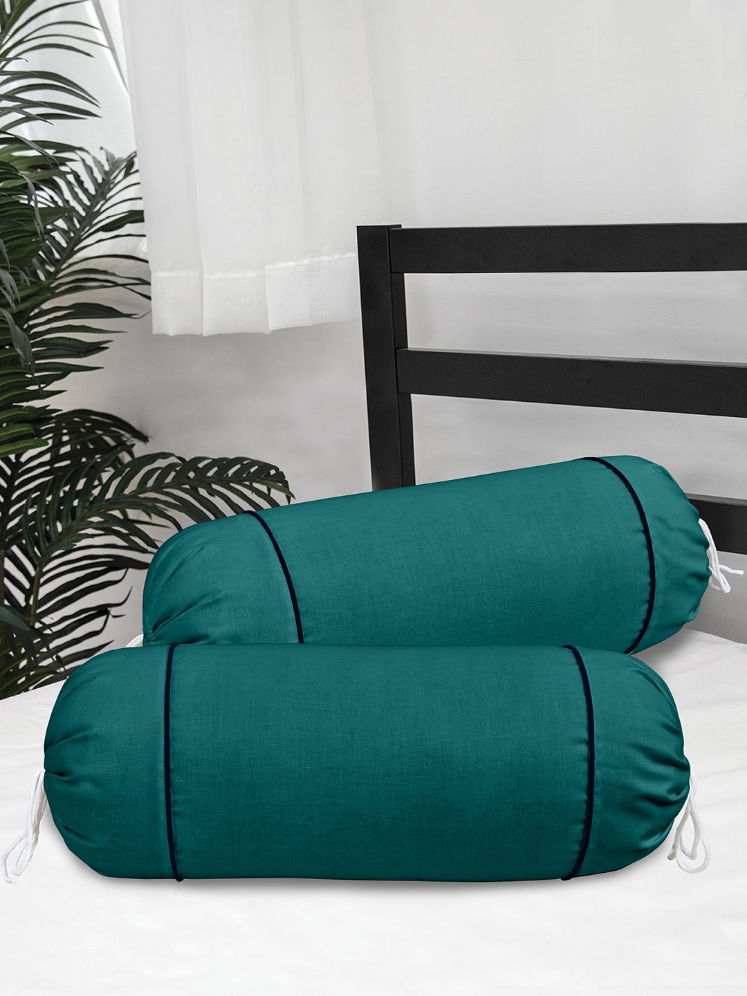 

Clasiko Set Of 2 Teal-Green Solid 300TC Cotton Bolster Covers