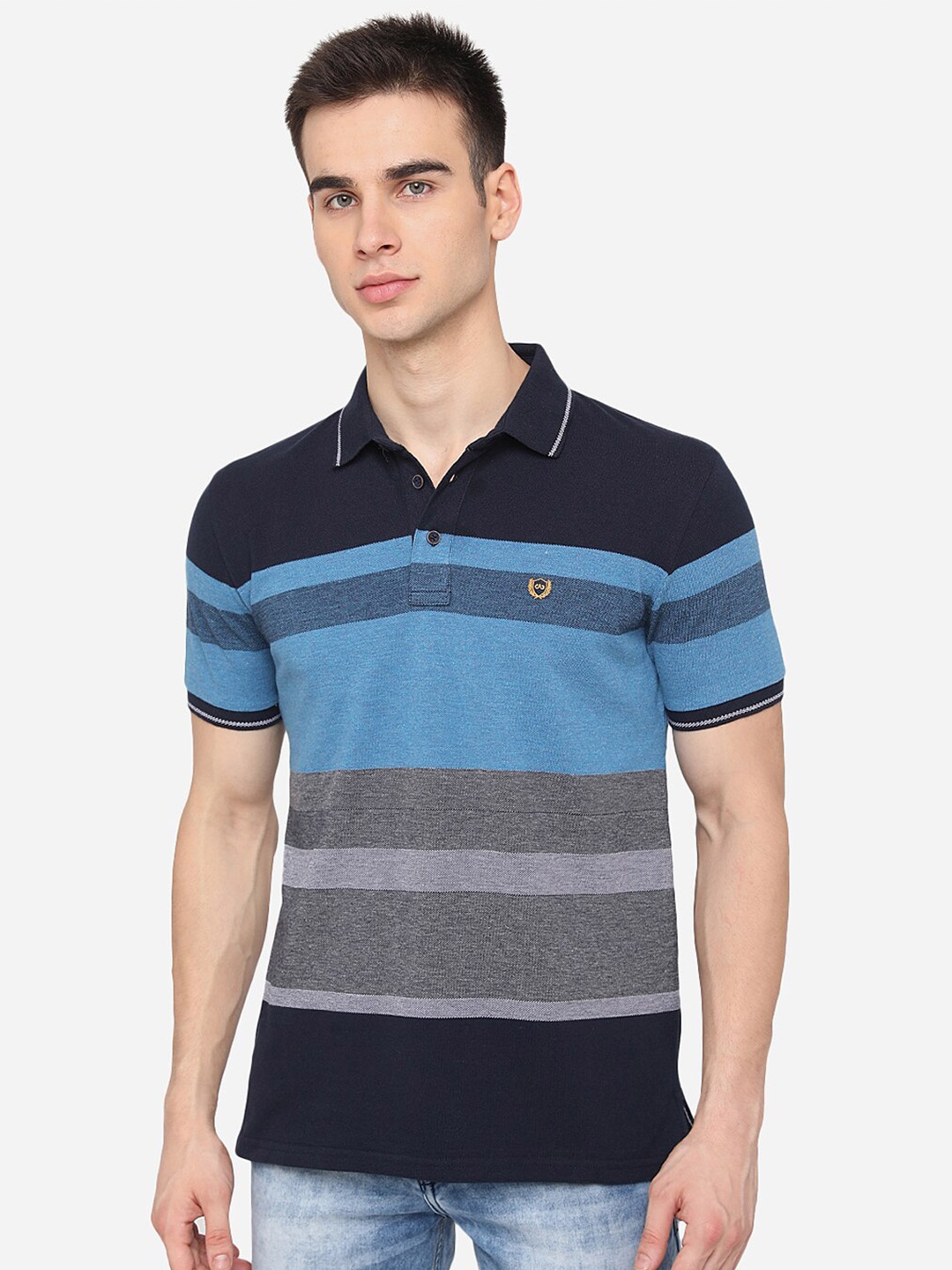 

JADE BLUE Men Blue & Grey Striped Polo Collar Slim Fit T-shirt