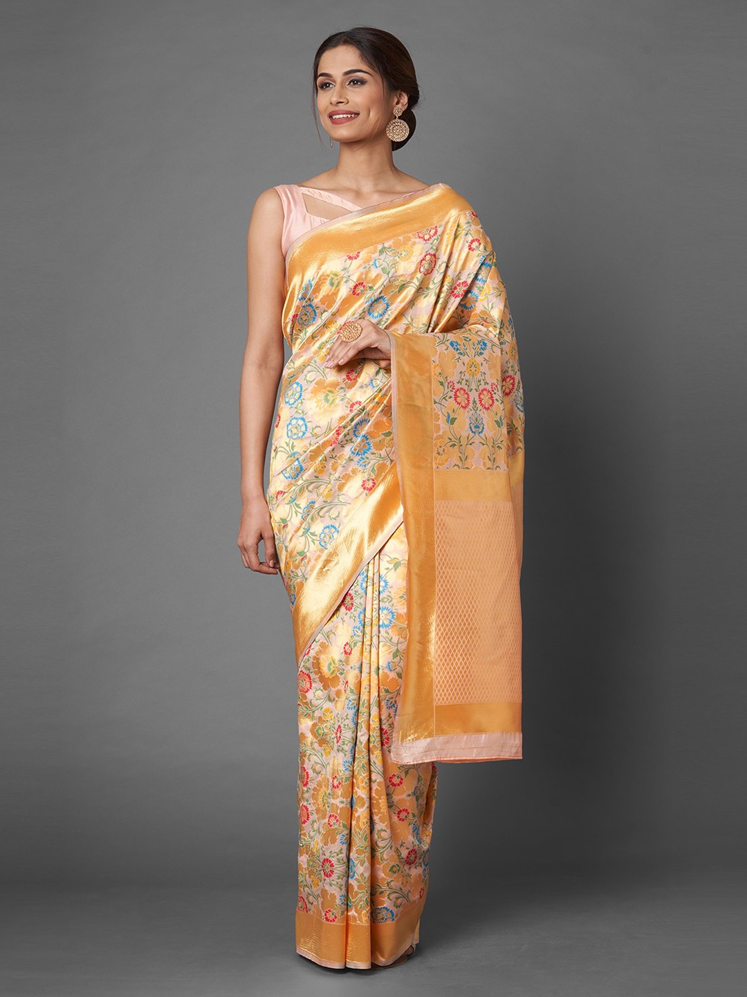 

Mitera Beige & Blue Floral Zari Silk Blend Banarasi Saree