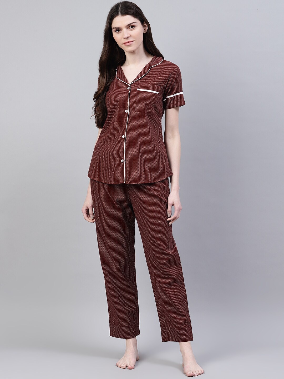 

Stylum Women Brown & White Striped Pure Cotton Night Suit