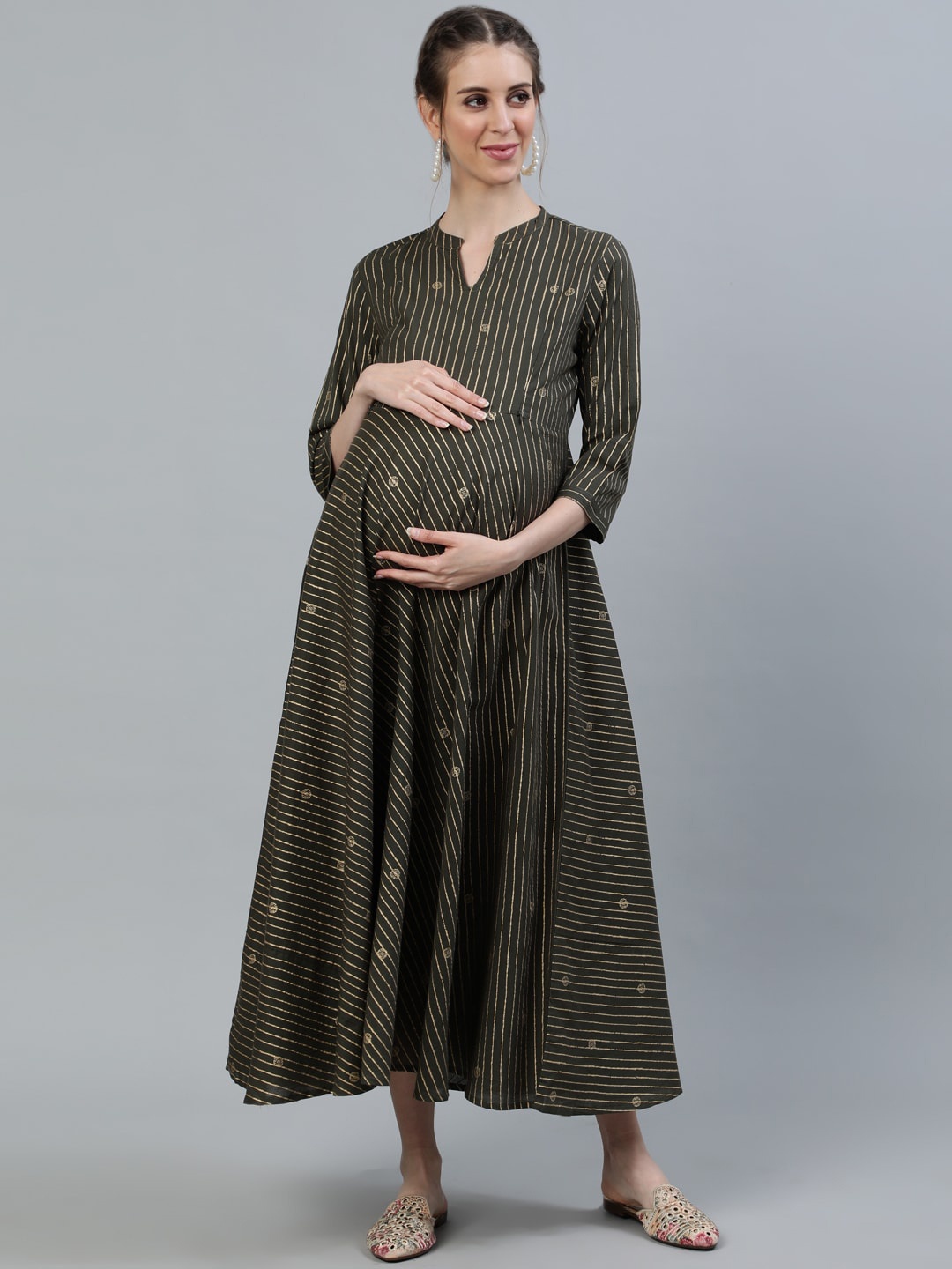 

Nayo Grey & Gold-Toned Mandarin Collar Maternity Cotton Midi Dress