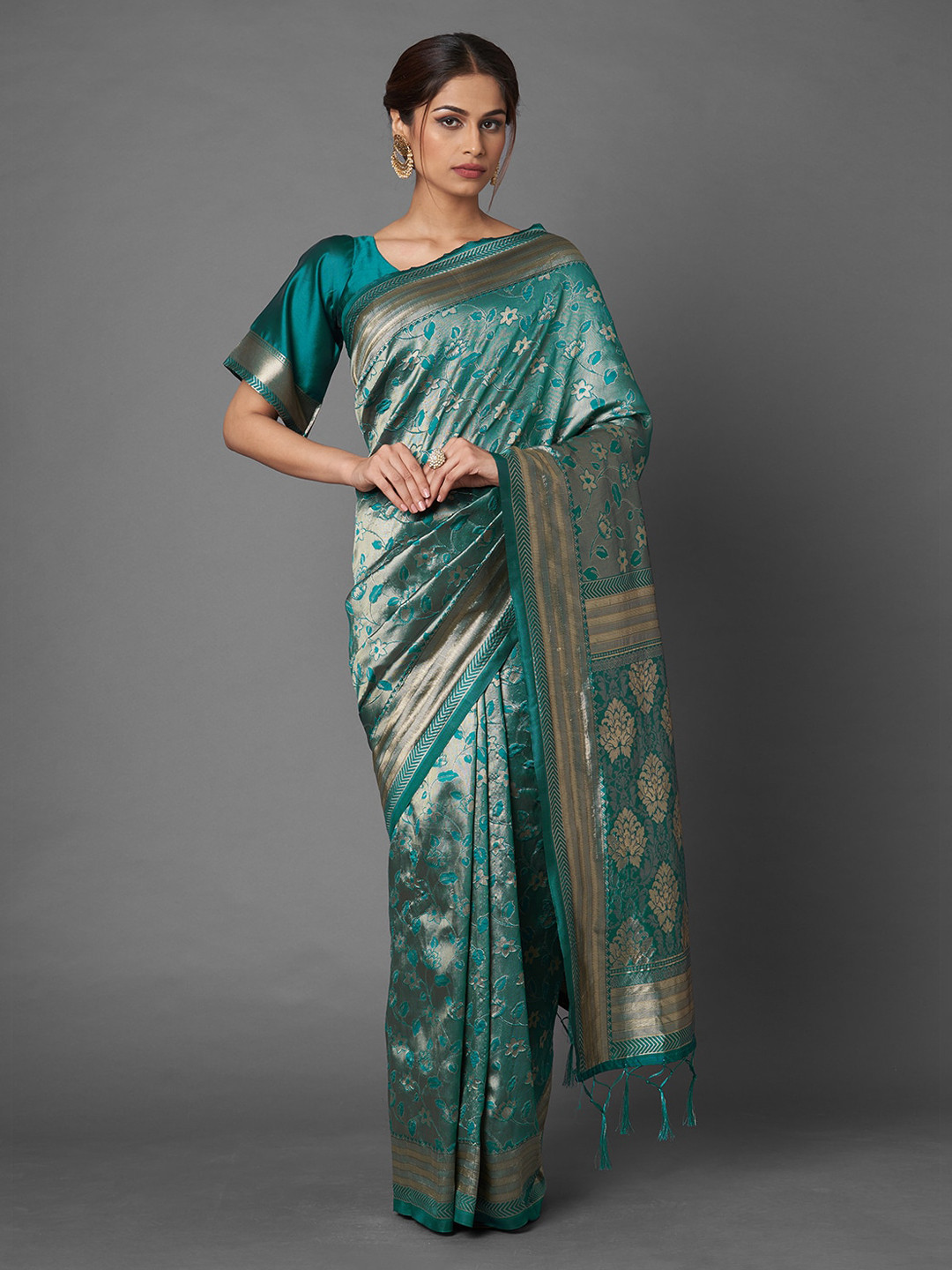 

Mitera Teal Floral Zari Silk Blend Banarasi Saree