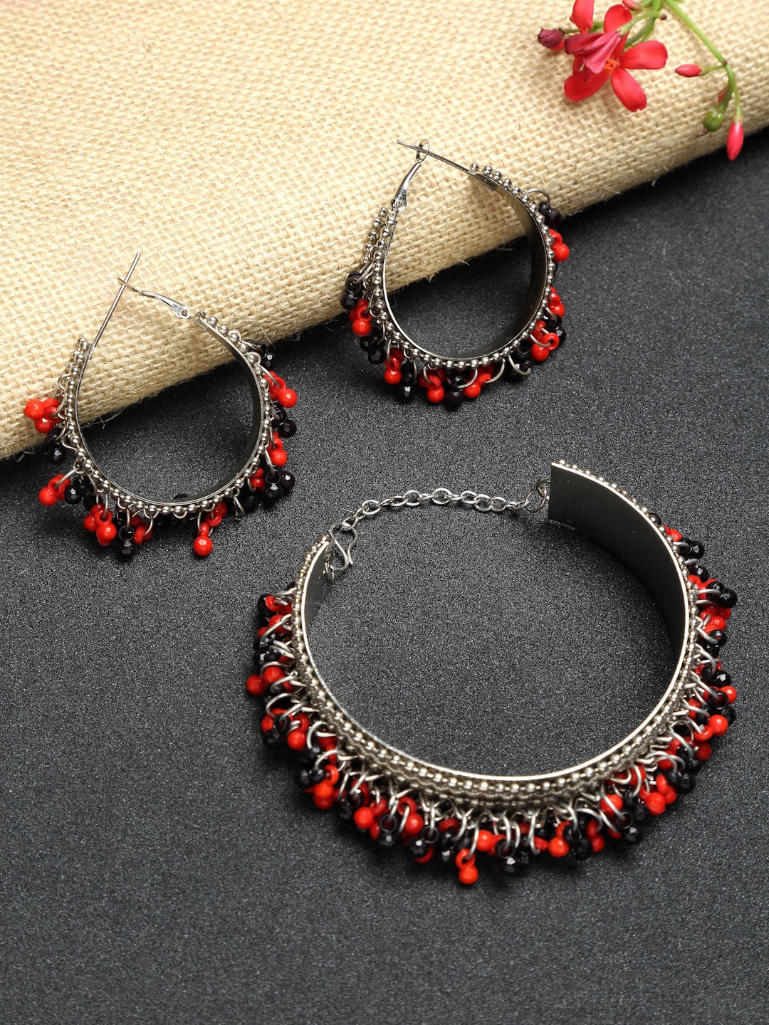 

NEUDIS Oxidised Silver-Plated Black & Red Beaded Jewellery Set