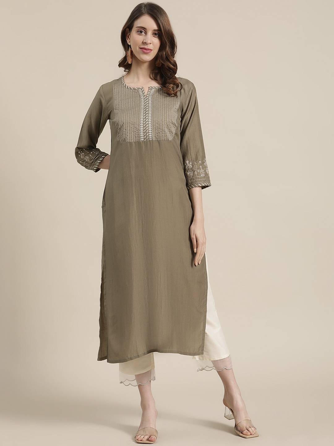 

Varanga Women Olive Embroidered Empire Kurti with Trousers