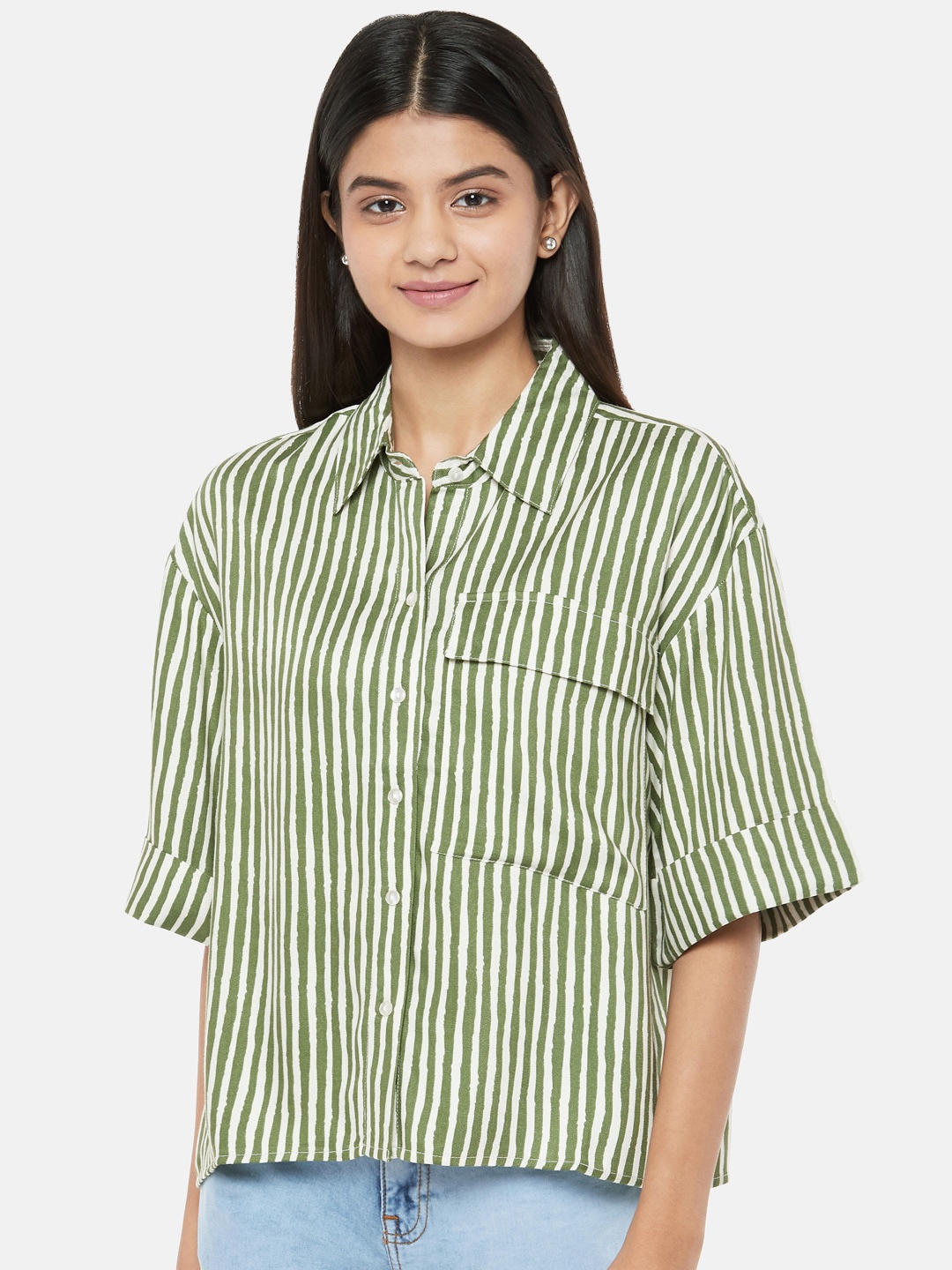 

People Women Green Striped Casual Shirt