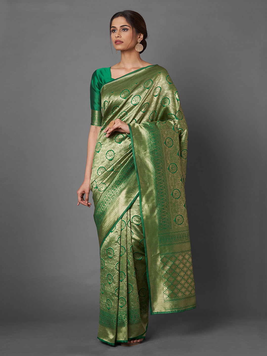 

Mitera Green Ethnic Motifs Zari Silk Blend Banarasi Saree