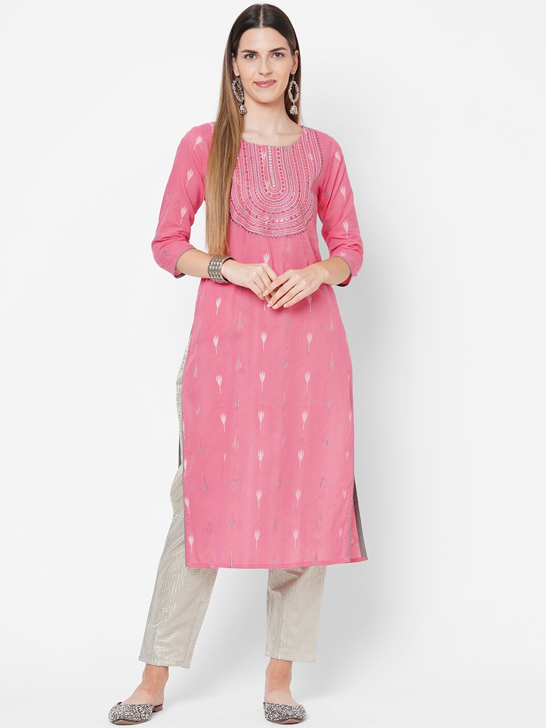 

FASHOR Women Pink Ethnic Motifs Embroidered Mirror Work Kurta