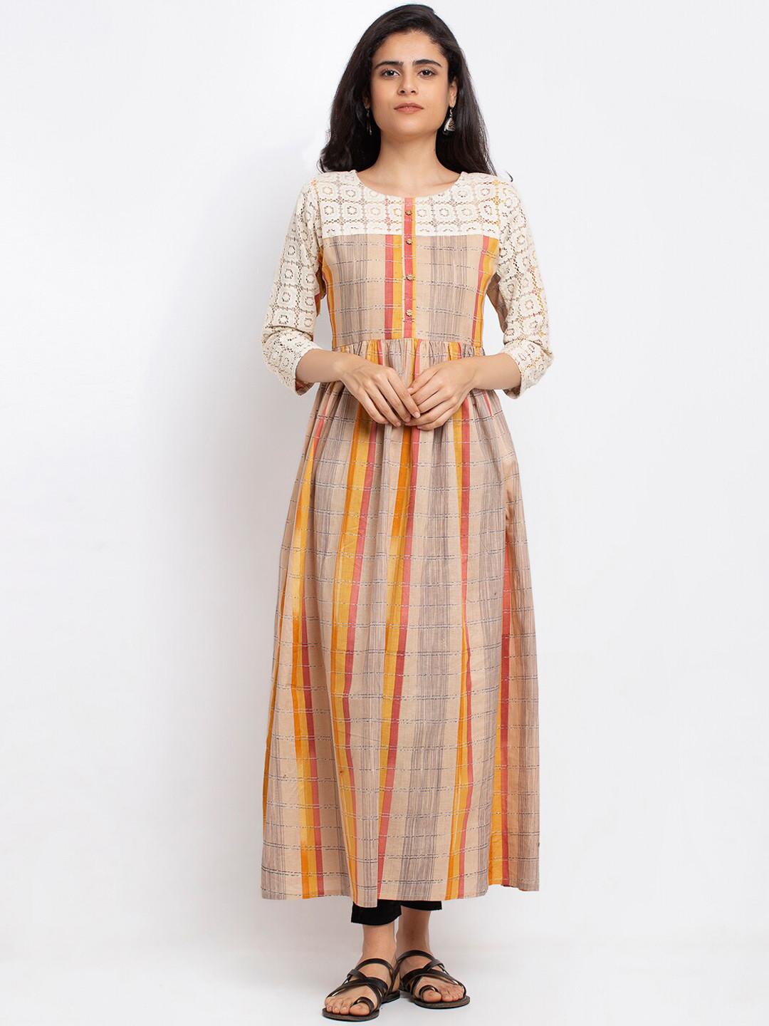 

VAABA Women Multi Striped Flared Sleeves Mirror Work Anarkali Kurta