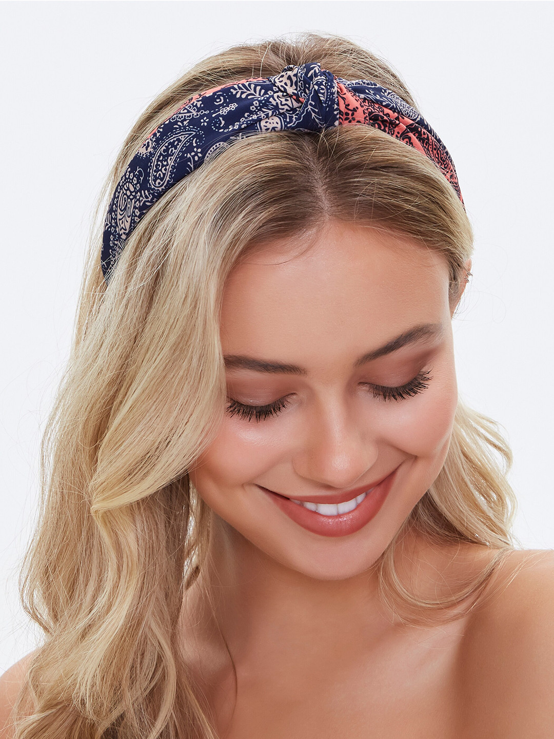 

FOREVER 21 Women Navy Blue Paisley Print Knotted Hairband