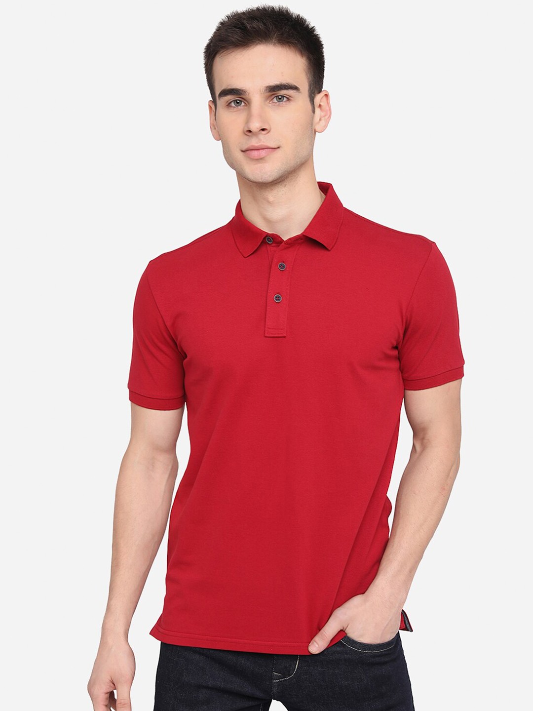 

JADE BLUE Men Red Polo Collar Slim Fit Cotton Pure Cotton T-shirt