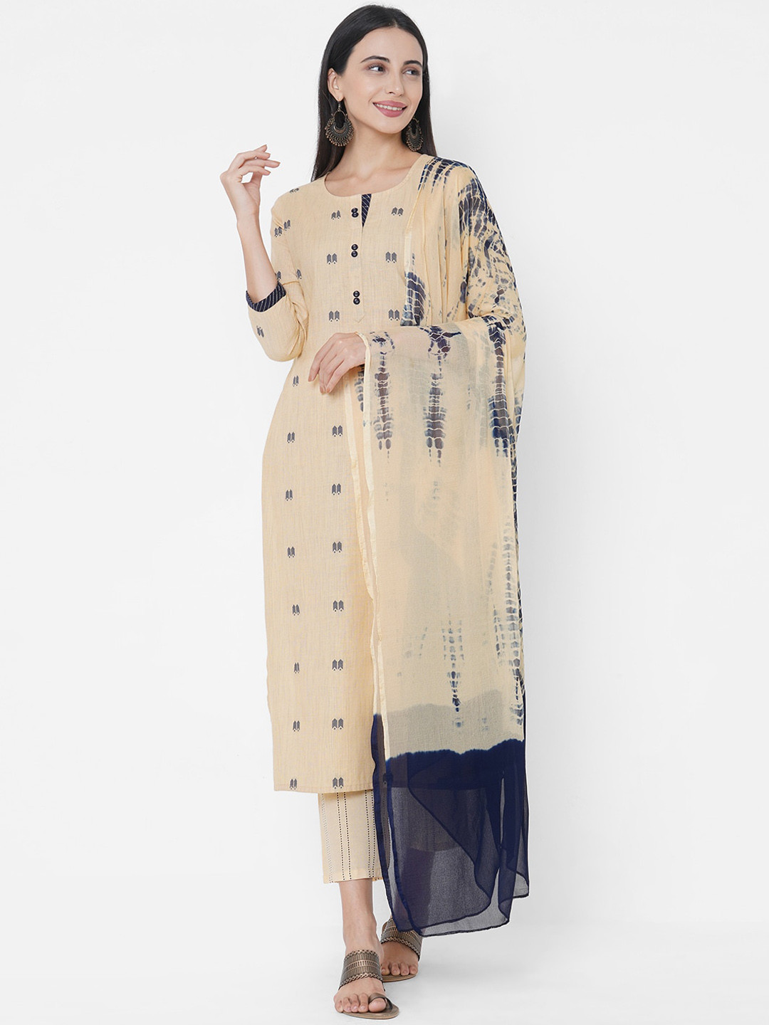 

FASHOR Women Yellow Printed Pure Cotton Kurta with Trousers & With Dupatta