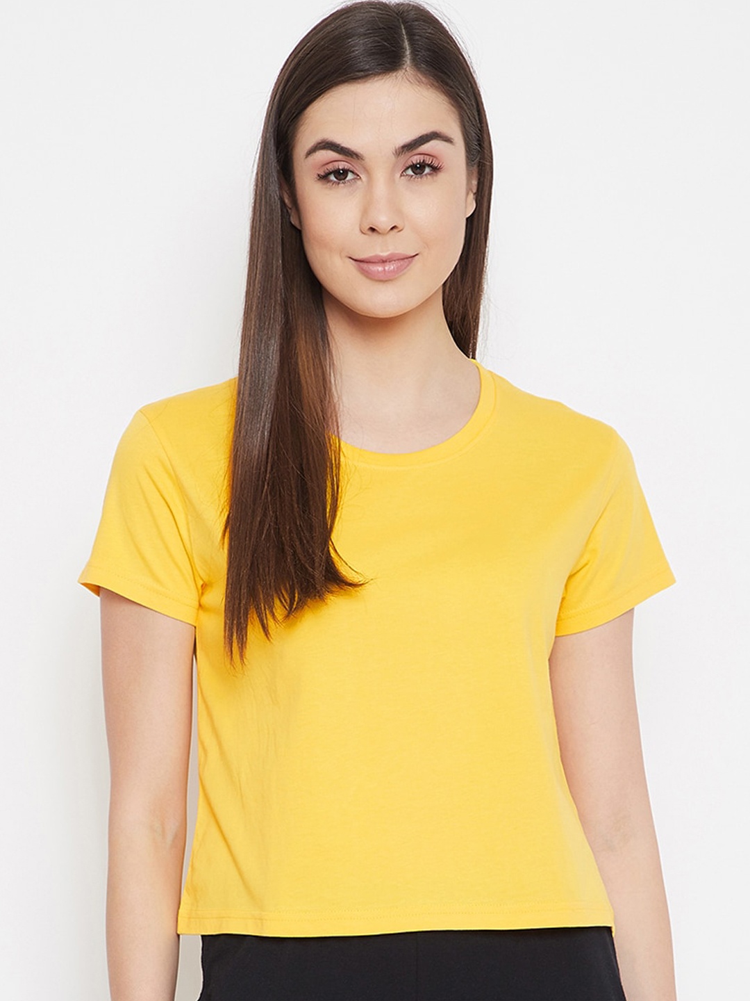 

Clovia Women Yellow Solid Cotton Crop Lounge T-shirts