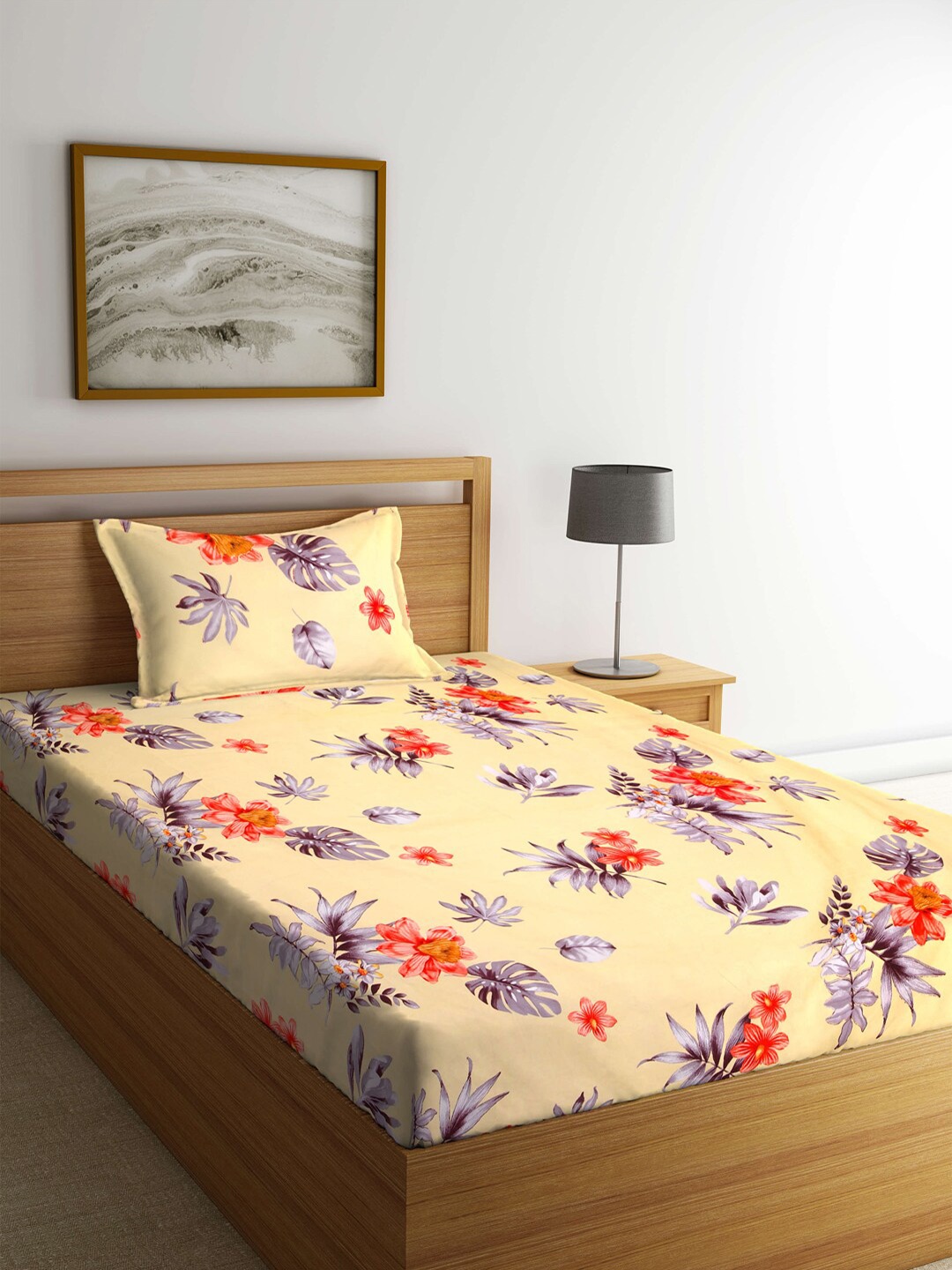 

KLOTTHE Multi Floral PolyCotton Single Bedsheet with Pillow Cover, Beige