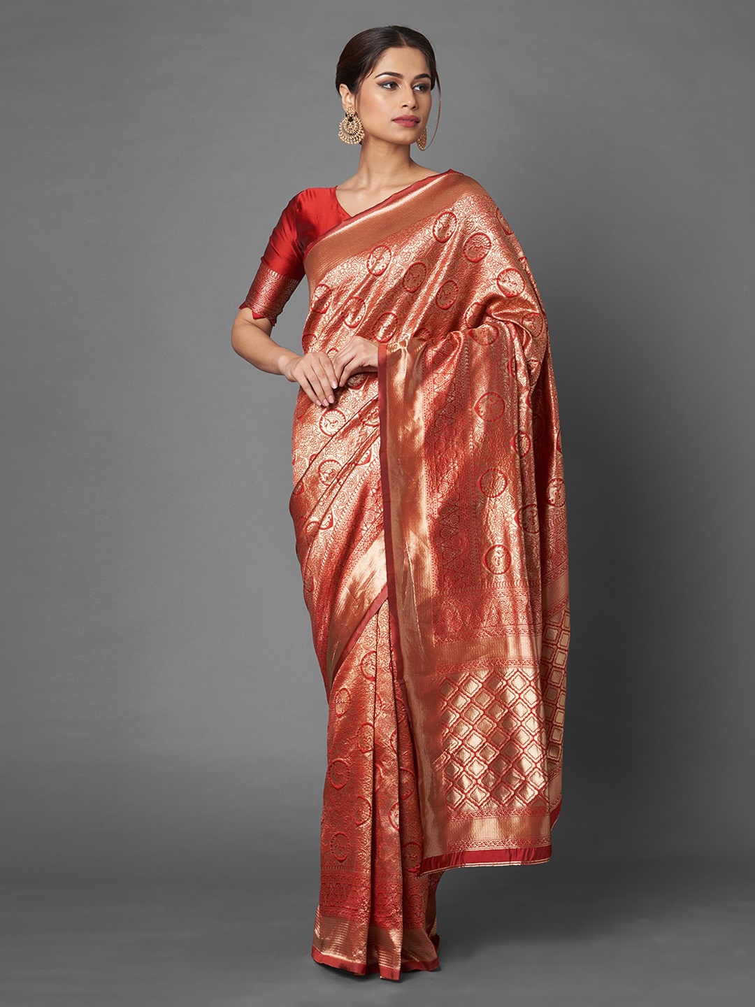 Mitera Red Ethnic Motifs Zari Silk Blend Banarasi Saree