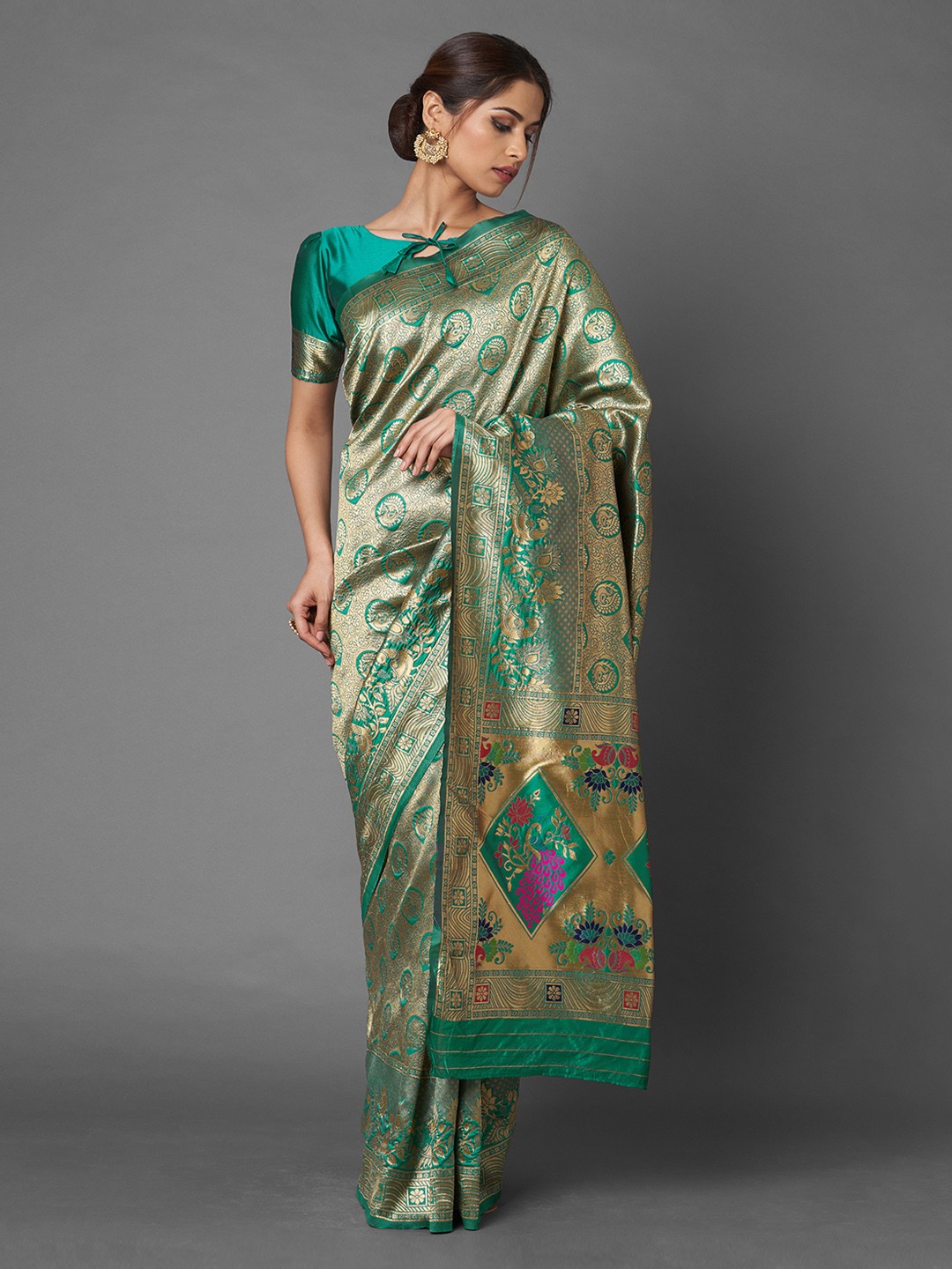 

Mitera Green Ethnic Motifs Zari Silk Blend Banarasi Saree