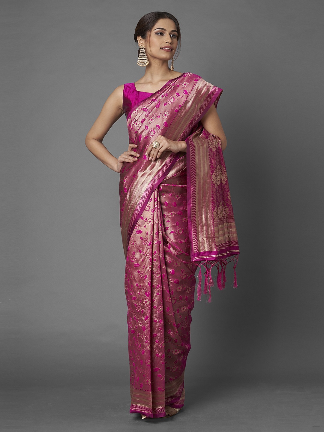 

Mitera Pink & Gold-Toned Woven Design Silk Blend Banarasi Saree