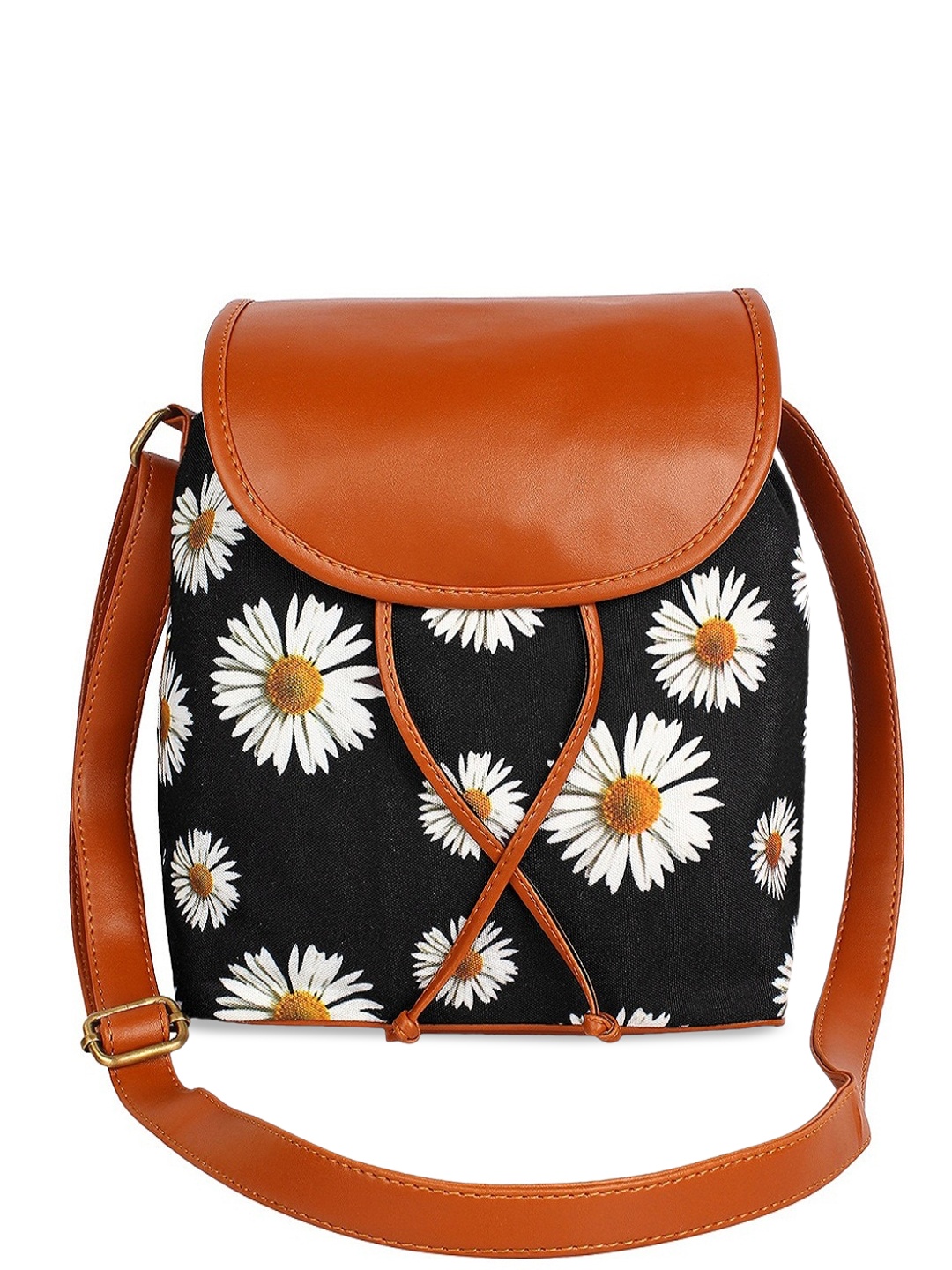 

Lychee bags Black Floral Printed Structured Handheld Bag with Tasselled