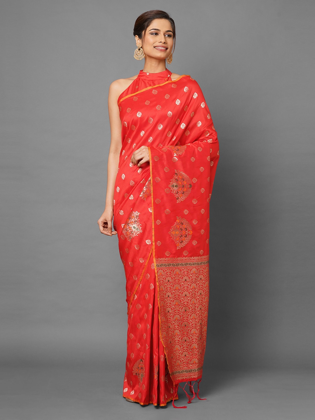 

Mitera Red Ethnic Motifs Zari Silk Blend Banarasi Saree