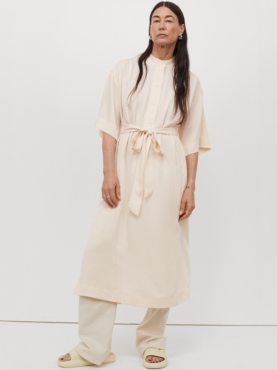 

H&M Women White & Beige Solid A-Line Shirt Dress