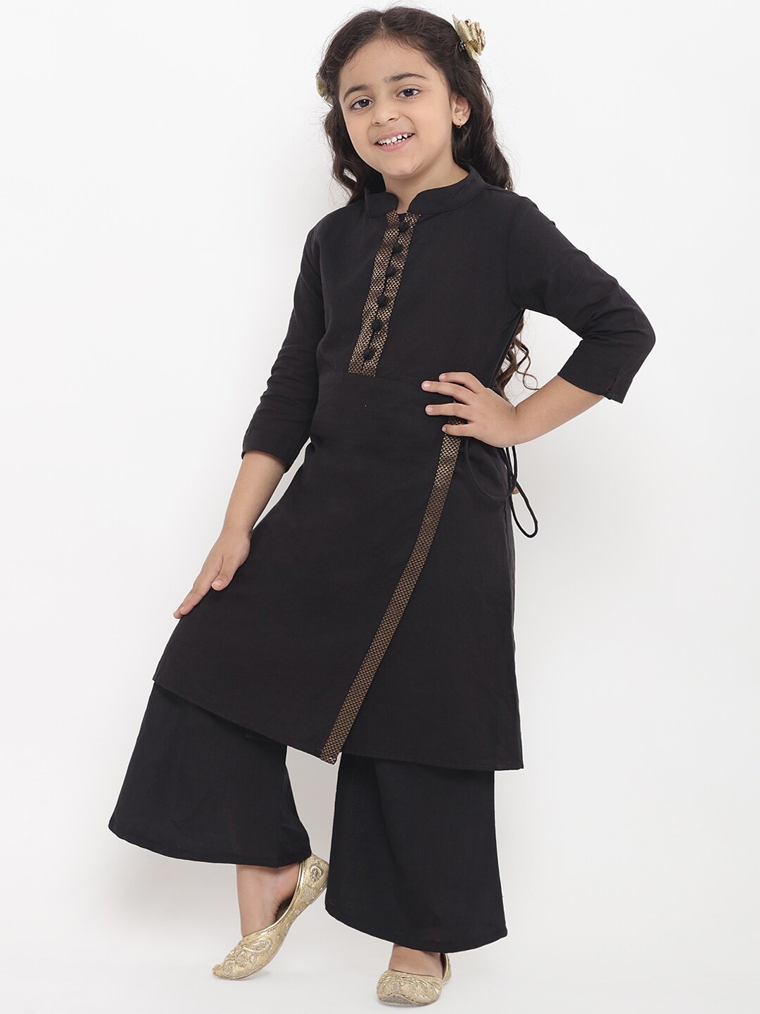 

Bitiya by Bhama Girls Black Embroidered Empire Pure Cotton Kurti with Palazzos
