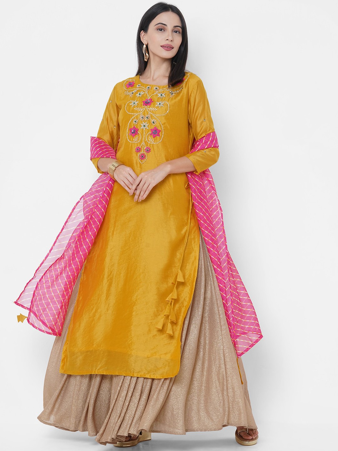 

FASHOR Women Mustard Yellow & Beige Floral Embroidered Kurta with Dupatta