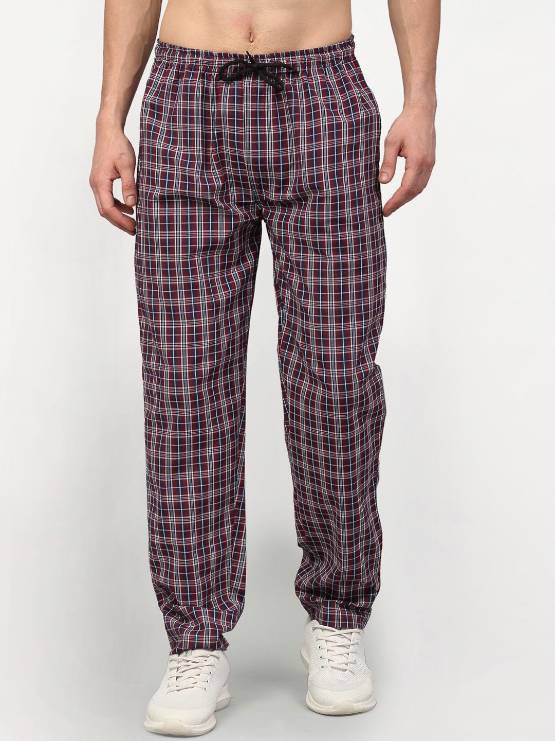 

JAINISH Men Maroon & Black Checked Cotton Track Pants