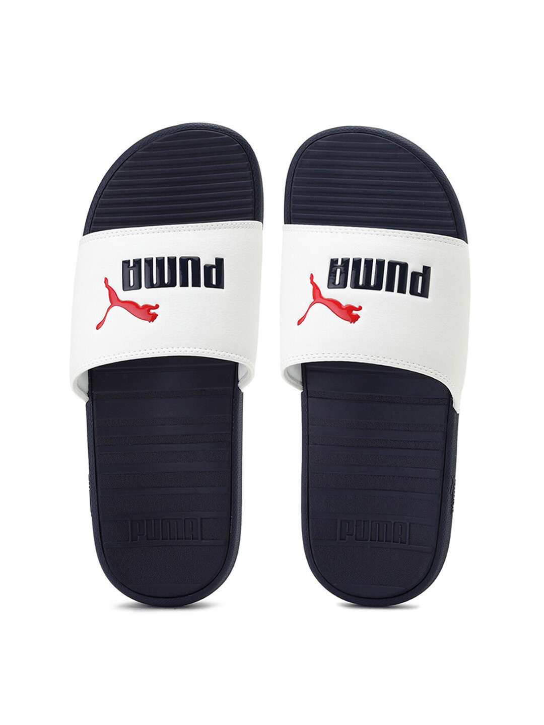 

Puma Unisex White & Navy Blue Printed Sliders