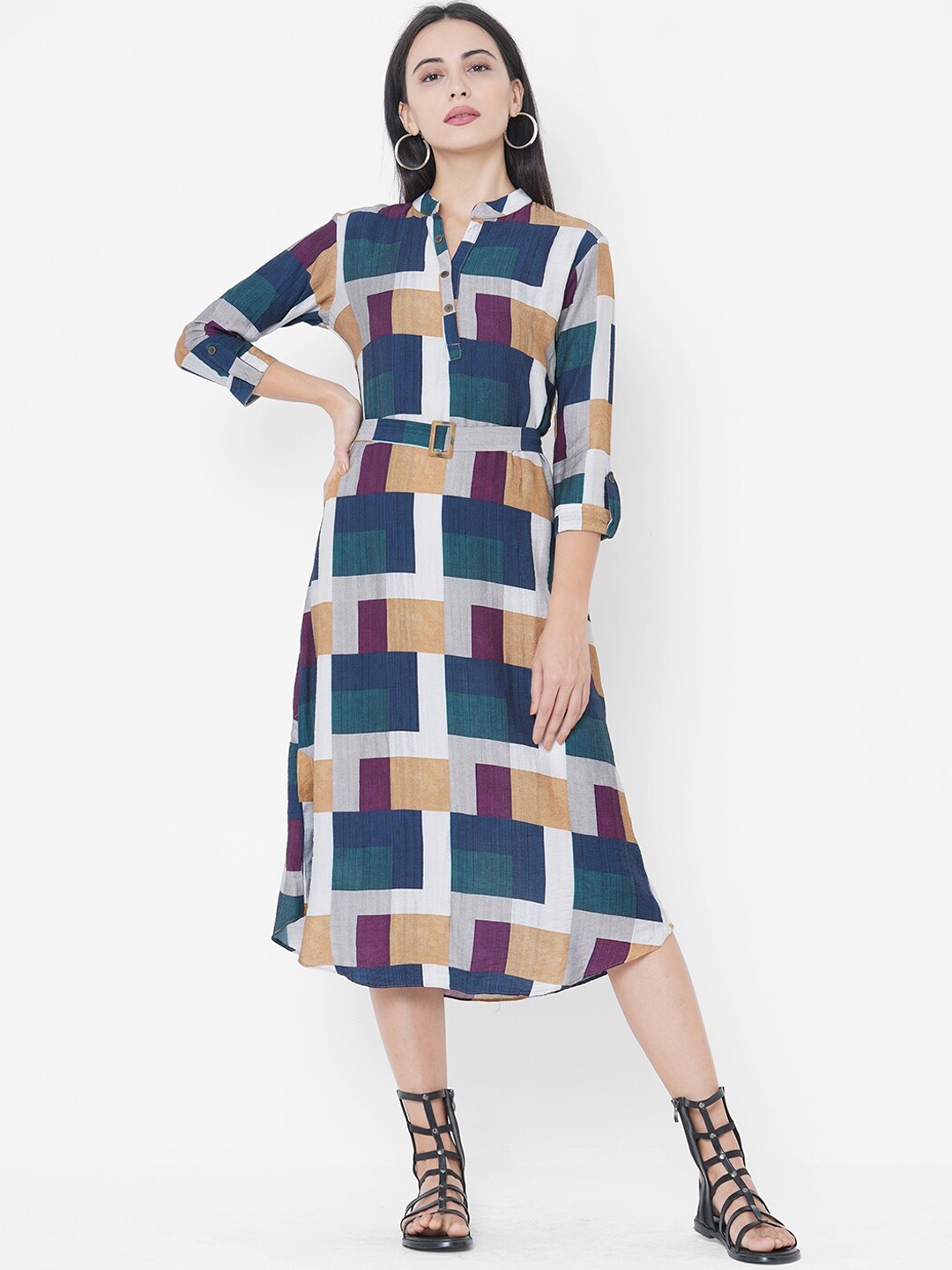 

FASHOR Multi Ethnic Motifs Checked Shirt Midi Dress