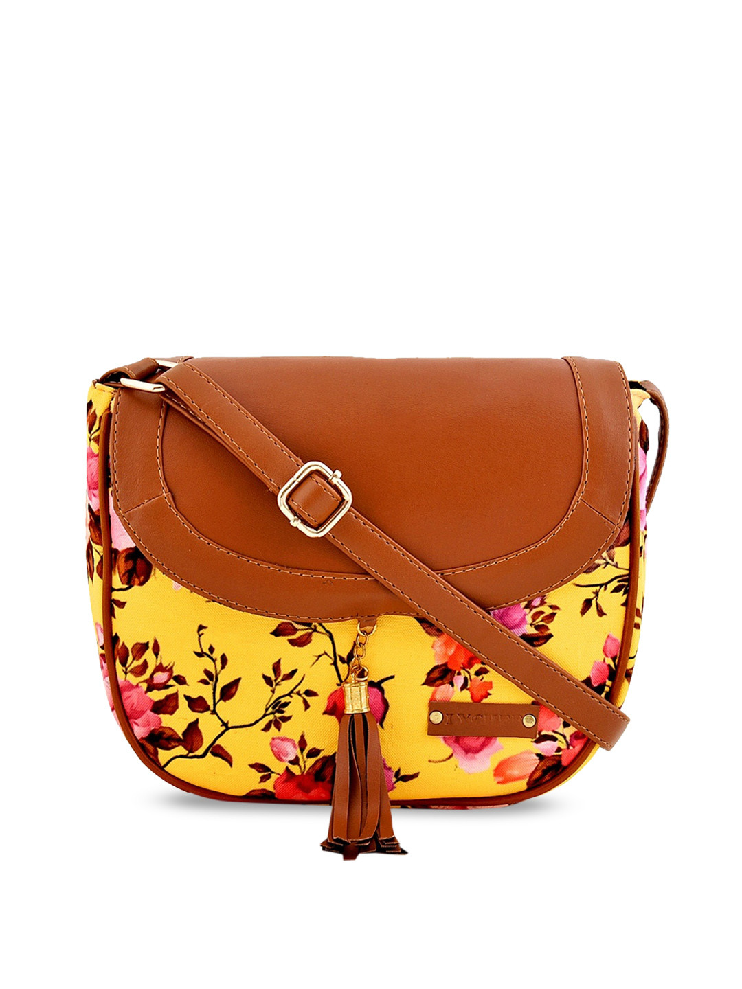 

Lychee Bags Yellow Floral Textured Sling Bag with Tassells
