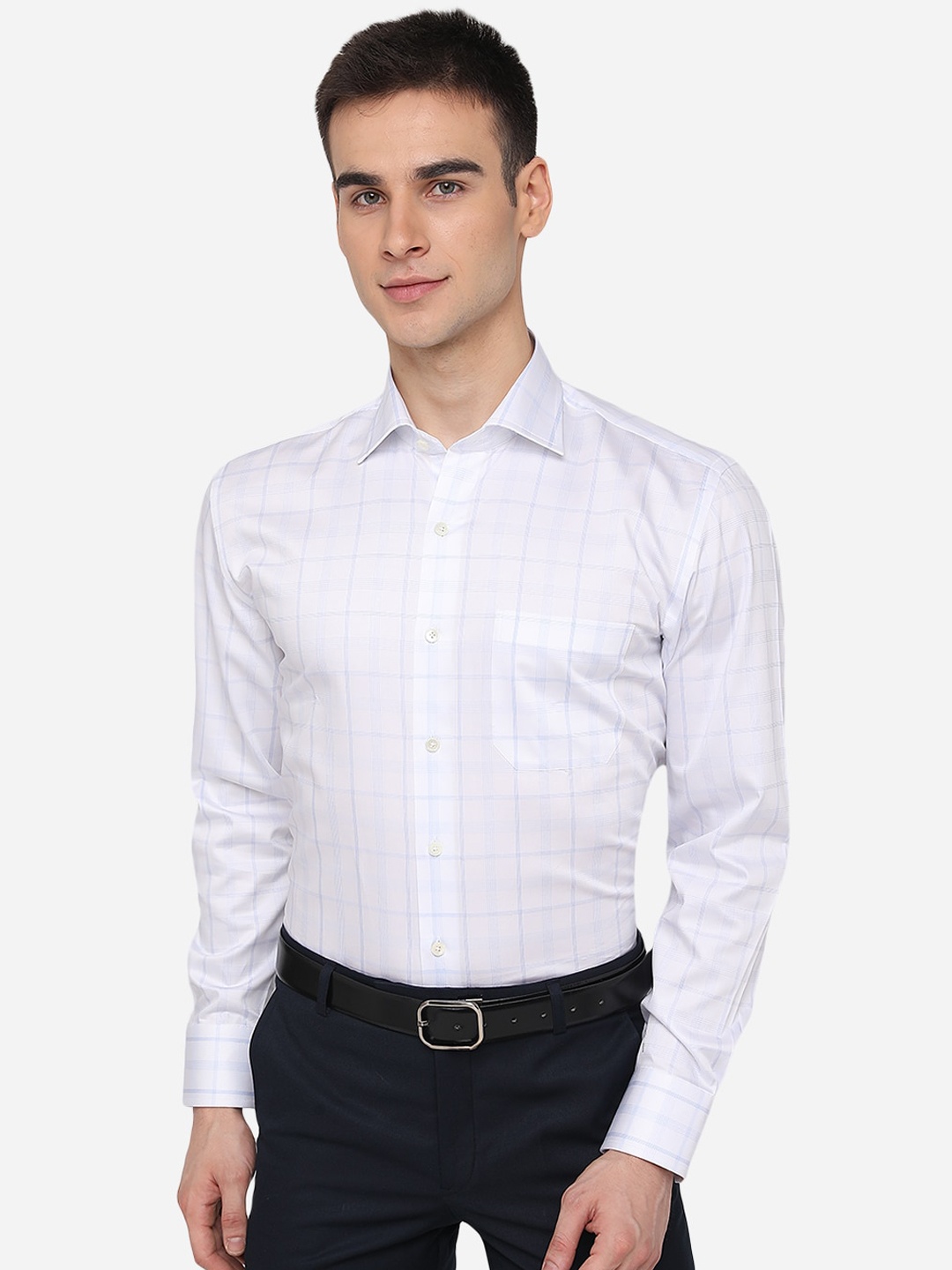 

JADE BLUE Men White & Blue Checked Cotton Formal Shirt