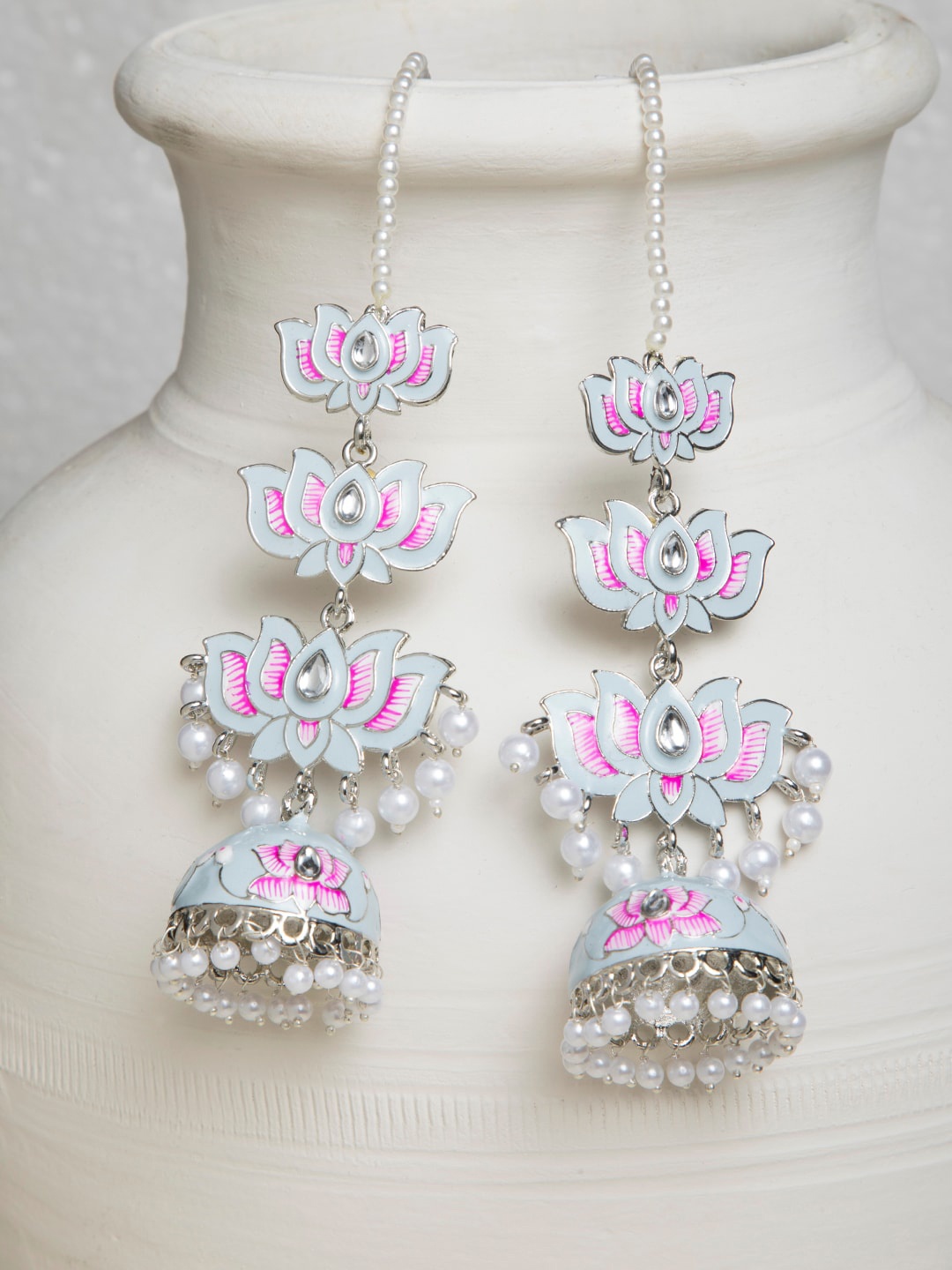 

INDYA Grey & Pink Lotus Jhumkas